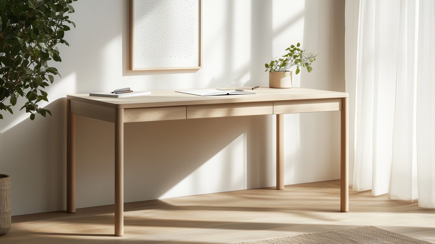 Furnierschreibtisch mit klarer Formensprache – ruhiger Hintergrund, dezente Pflanze