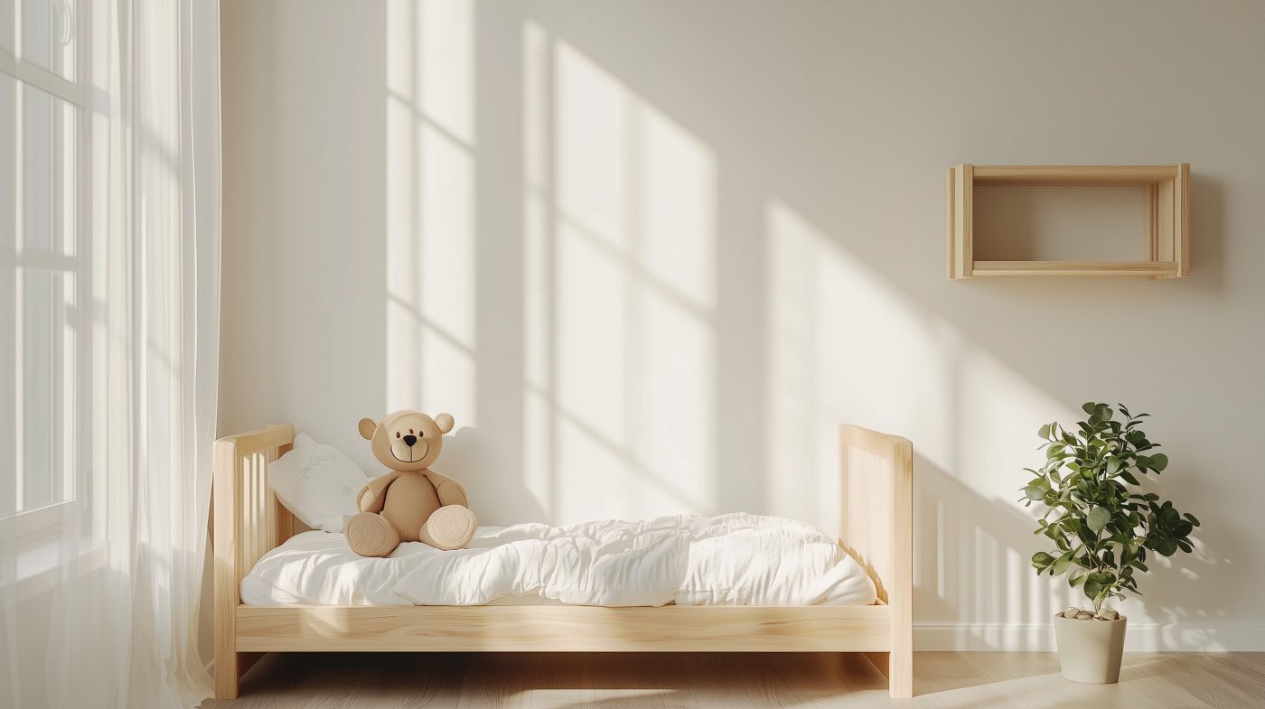 Kinderbett aus Massivholz in heller, aufgeräumter Umgebung mit sanftem Tageslicht