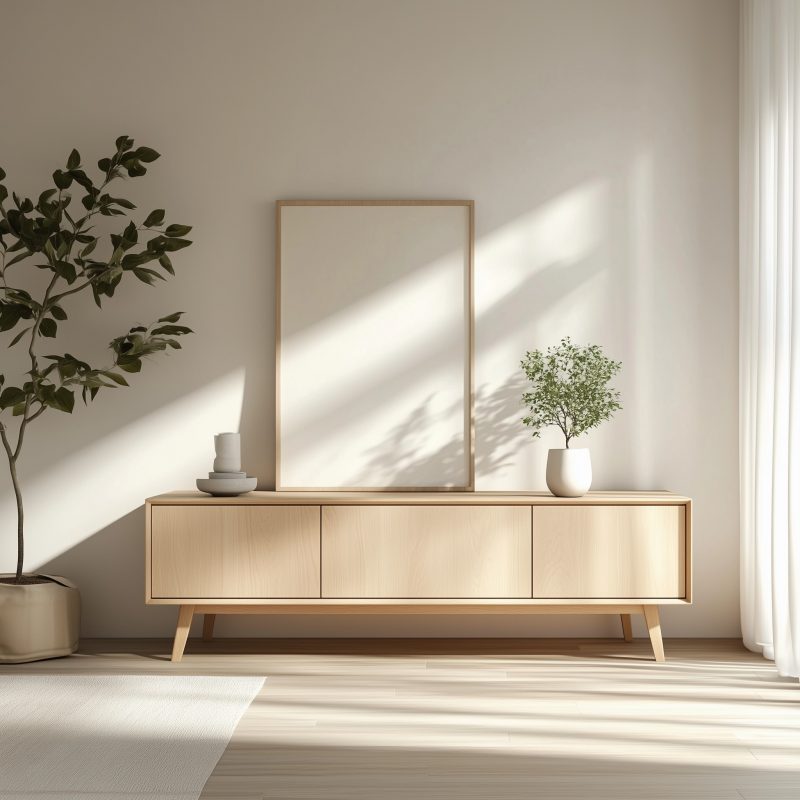 Sideboard aus Eiche-Furnier vor heller Wand – klar, reduziert, stilvoll