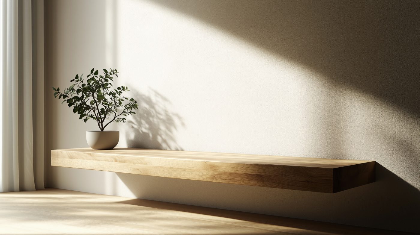 Minimalistisches Massivholzregal in einem schlichten, modernen Wohnzimmer