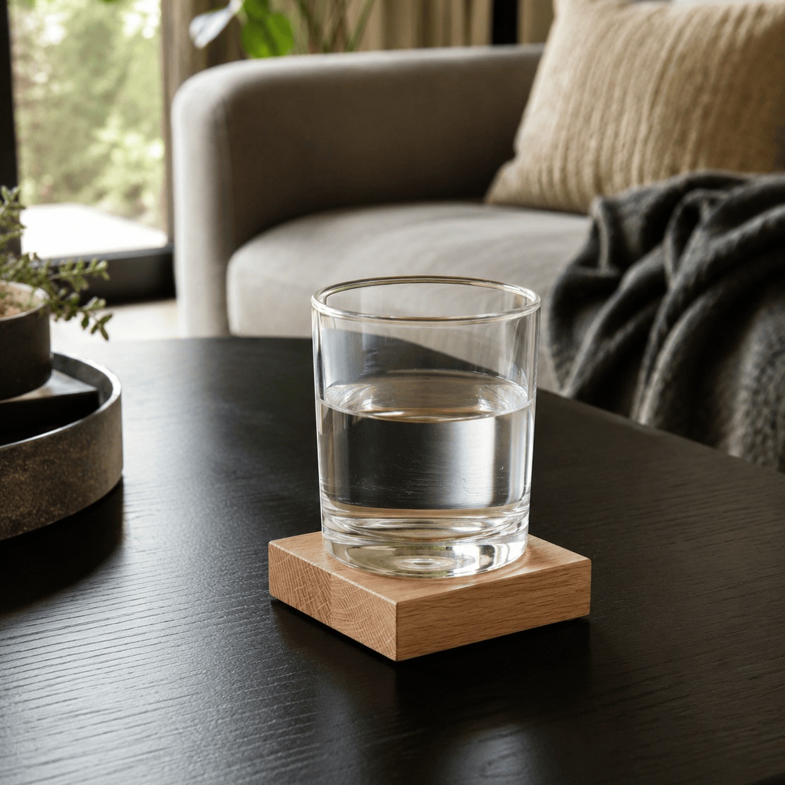 Ein Wasserglas steht auf einem Eichenuntersetzer auf dem Wohnzimmertisch neben dem Sofa.