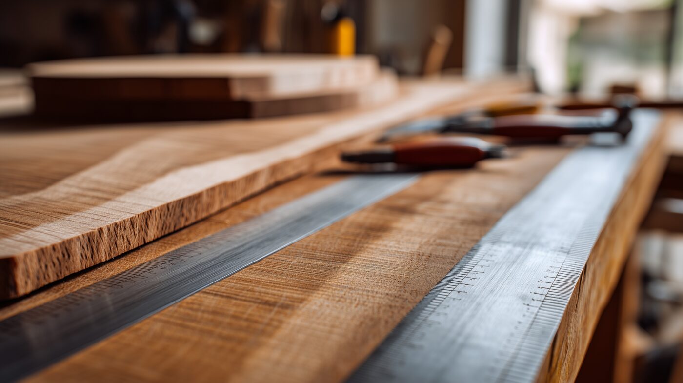 Dünne Messerfurnierblätter beim Zuschnitt in Werkstatt.
