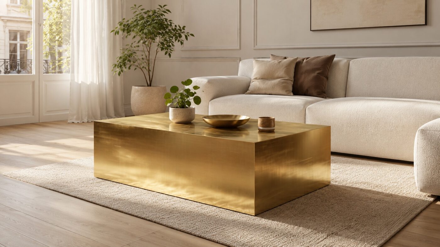 Messingverkleideter Couchtisch vor hellem Sofa mit Pflanzen in sonnigem Wohnzimmer.
