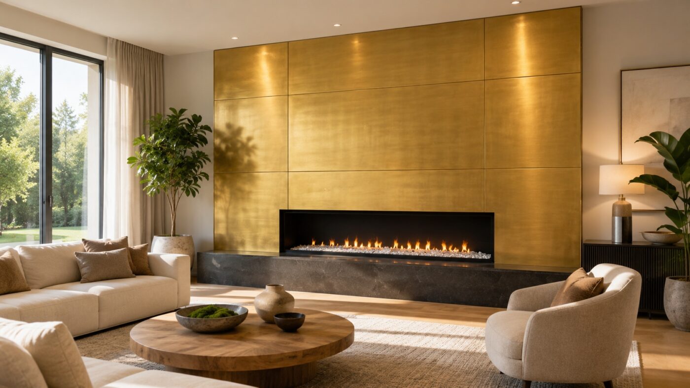 Helles Wohnzimmer mit Messingblech-Wand, Kamin, Sitzmöbeln, Holztisch und grünen Zimmerpflanzen.
