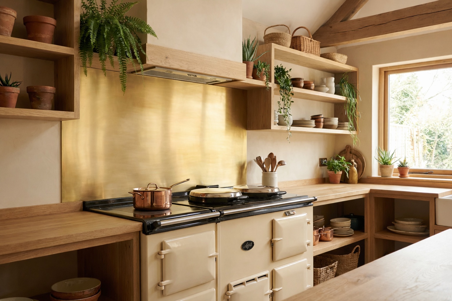 In einer Küche schützt eine Messingblech-Rückwand hinter einem Herd und einer Arbeitsfläche die Wand.