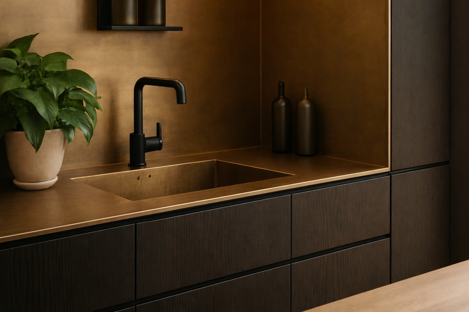 Messingblech setzt in der Küche warme Akzente und verbindet Eleganz mit moderner Funktionalität.