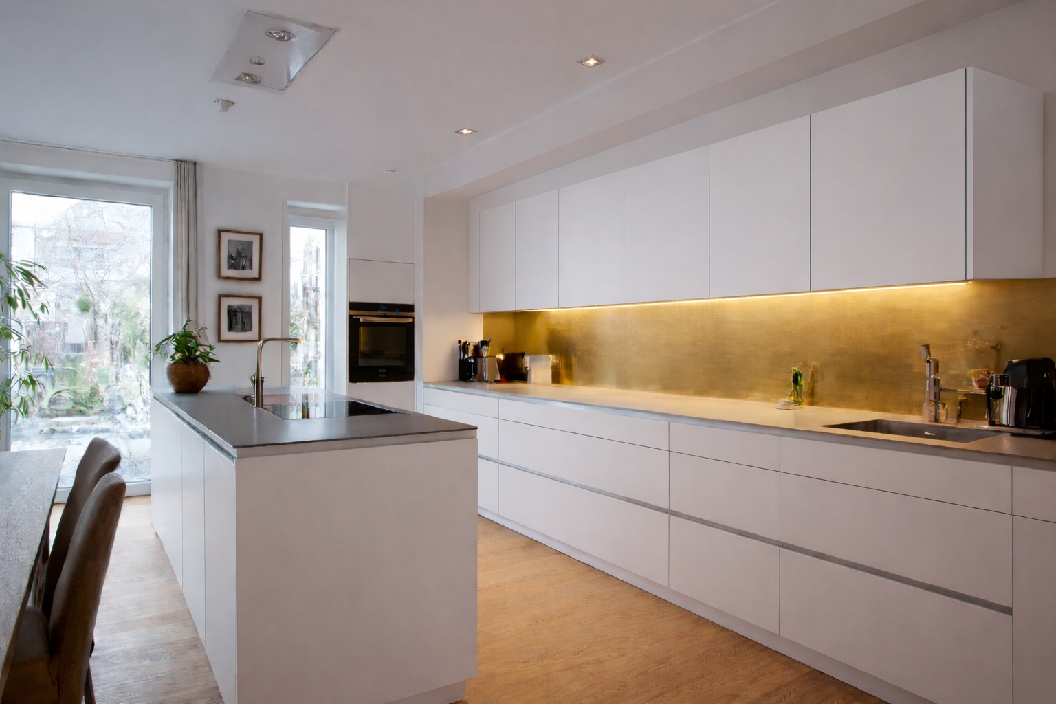 Eine moderne Küchenzeile mit goldener Messingblech-Rückwand setzt warme metallische Akzente.