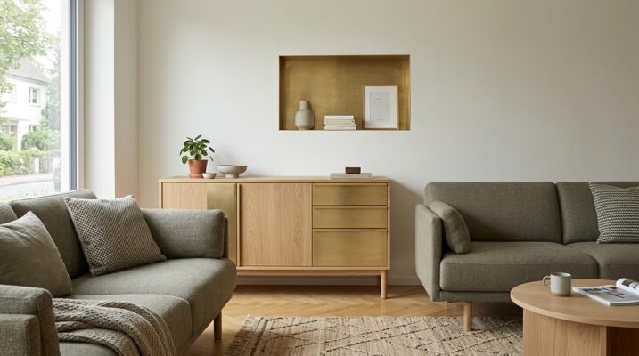 Ein helles Wohnzimmer zeigt zwei graue Sofas, einen Holztisch und ein Sideboard mit warm schimmernden Messingblech-Fronten unter einer Wandnische.