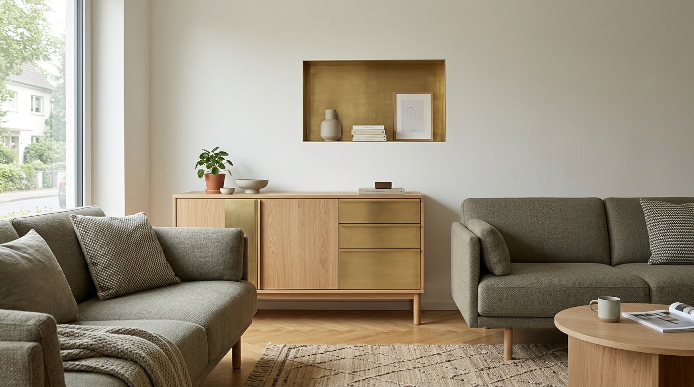 Ein helles Wohnzimmer zeigt zwei graue Sofas, einen Holztisch und ein Sideboard mit warm schimmernden Messingblech-Fronten unter einer Wandnische.