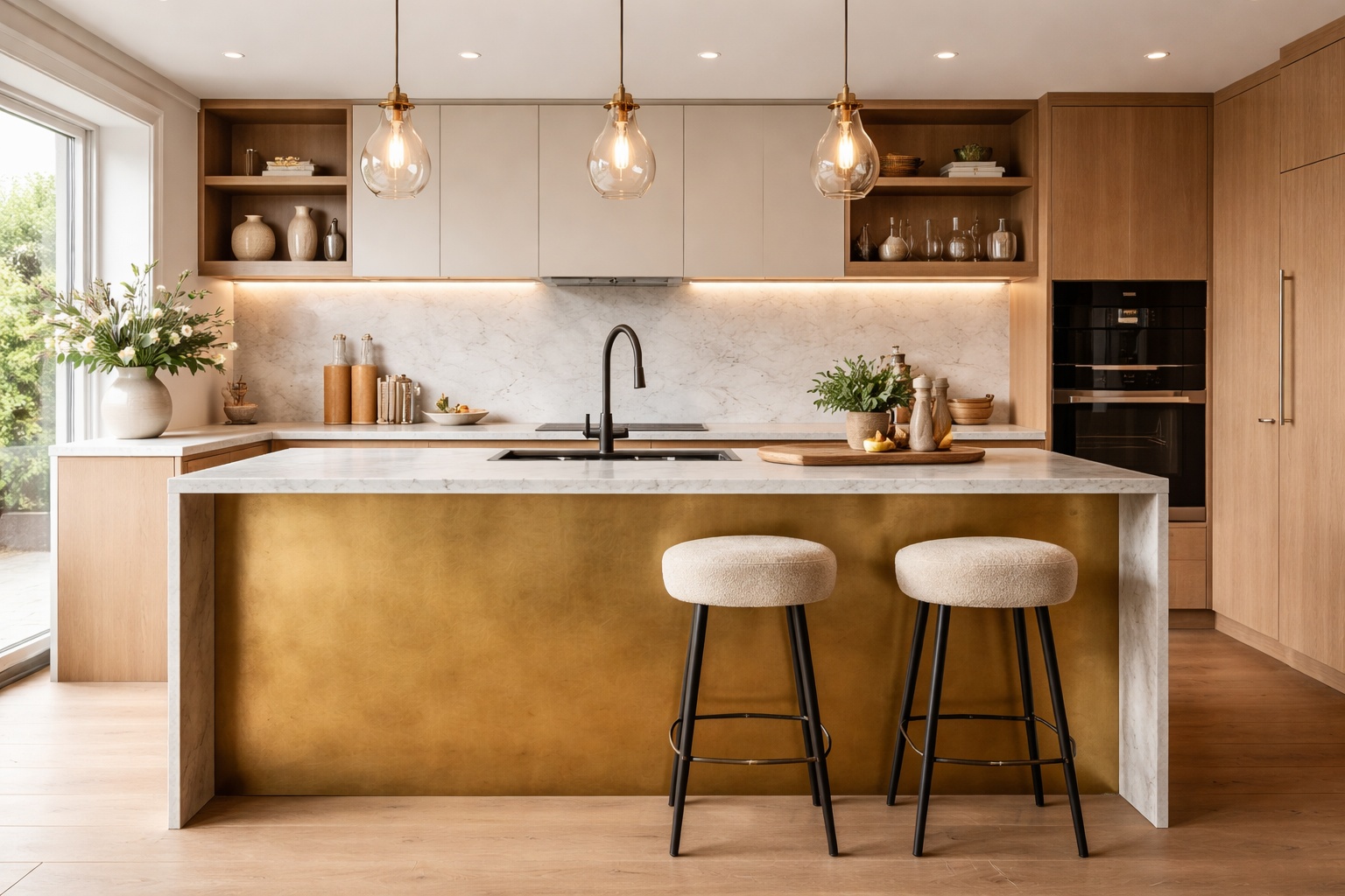 Eine Kücheninsel mit goldener Messingblech-Verkleidung bringt warmen Glanz in die offene Küche.