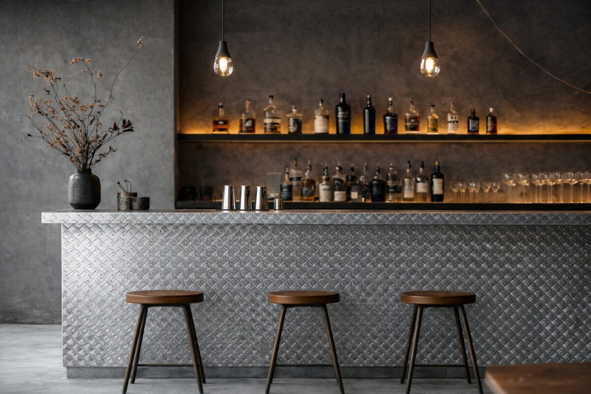 Eine Barfront aus Aluminium Mini-Duett prägt den Raum mit technischer Struktur und Klarheit.