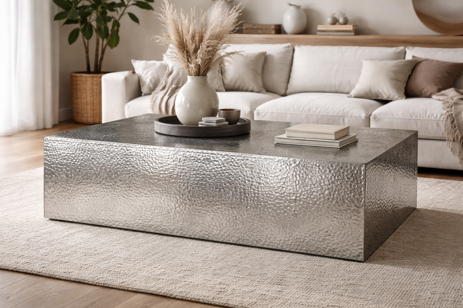 Ein Couchtisch mit Hammerschlagoberfläche wirkt modern und bringt lebendige Lichtreflexe ins Wohnzimmer.