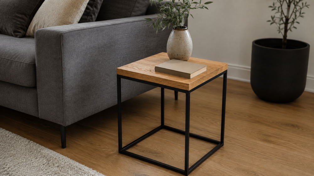 Beistelltisch mit Eichenplatte steht neben einem grauen Sofa mit Vase.