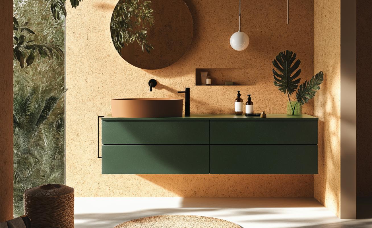 Modernes Badezimmer mit Holzdetails, stilvollem Design und hochwertigen Materialien, inspiriert von Woodpecker 2024.