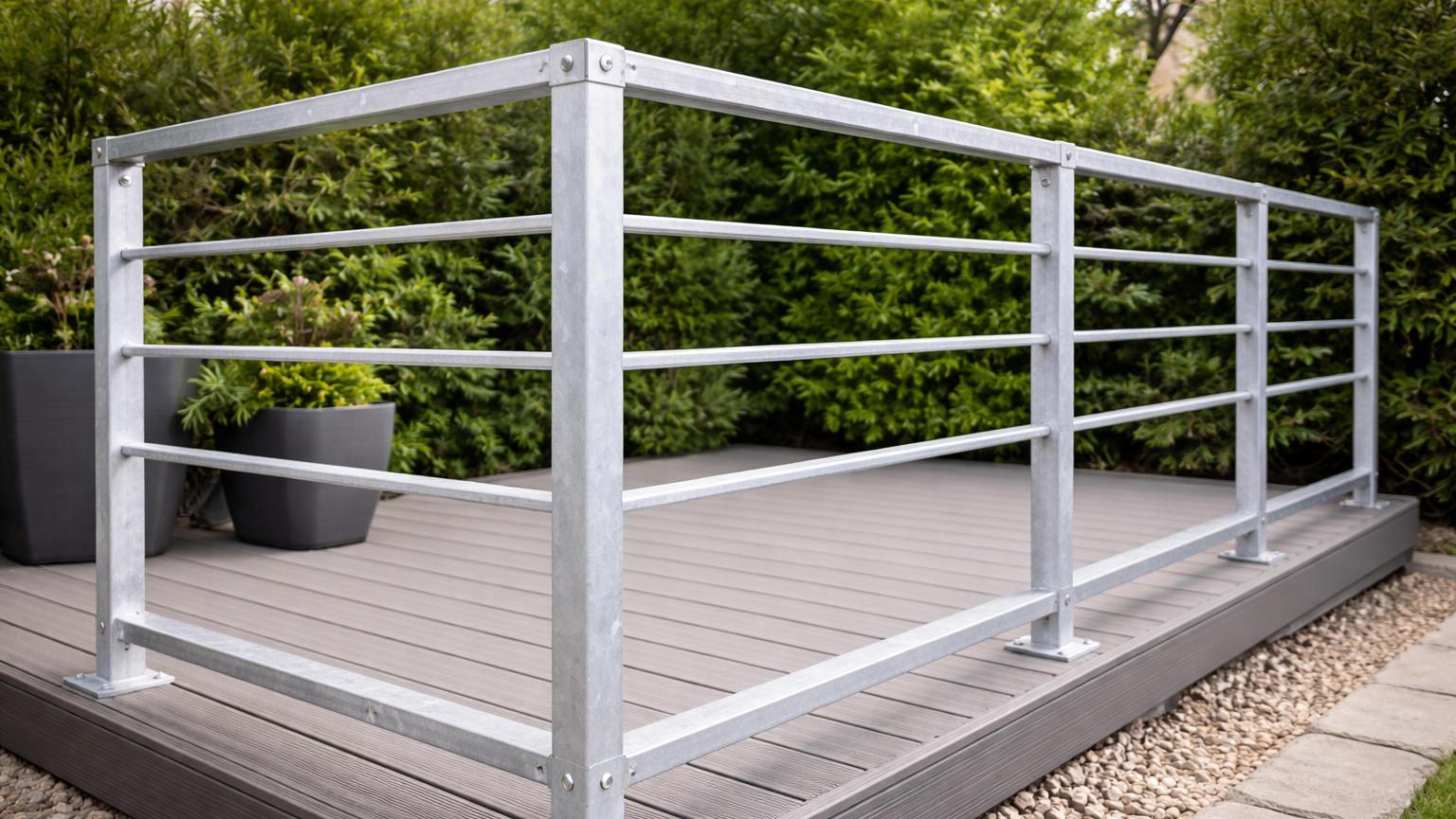 Ein Geländer aus verzinktem Quadratrohr sichert eine Terrasse mit klarer, moderner Linienführung.