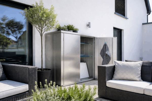 Ein Edelstahlschrank auf der Terrasse bietet wetterfesten Stauraum in moderner Umgebung.