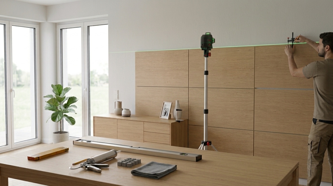 Ein Handwerker richtet Furnierplatten mit einem Kreuzlinienlaser aus und markiert eine Position an einer hellen Wand.
