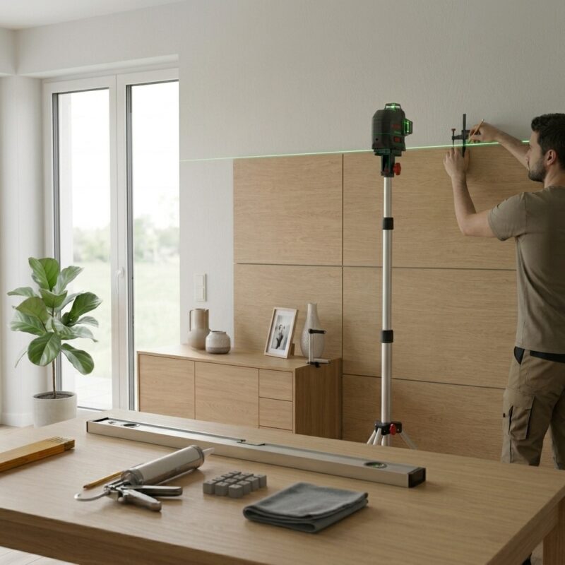 Ein Handwerker richtet Furnierplatten mit einem Kreuzlinienlaser aus und markiert eine Position an einer hellen Wand.