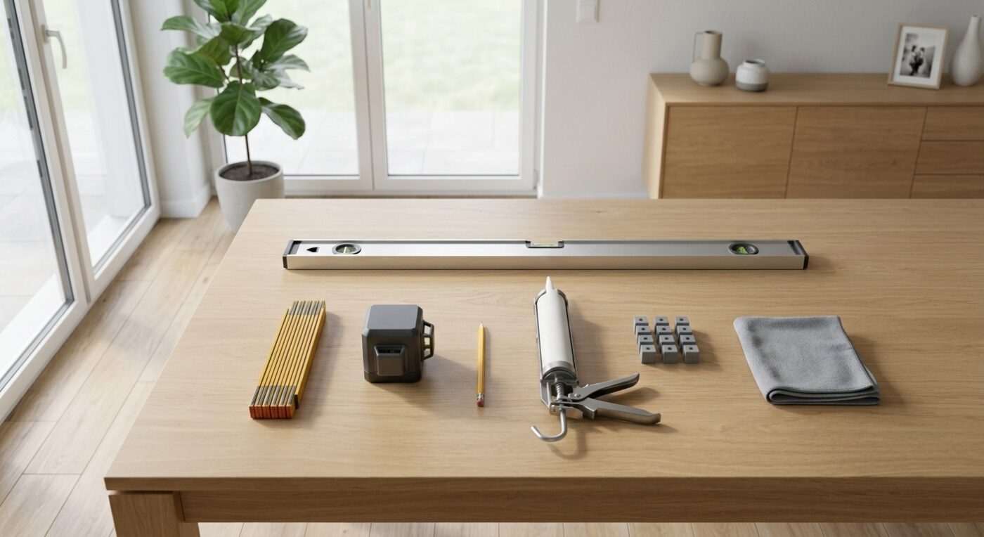 Eine Wasserwaage, ein Zollstock, ein Maßband, ein Bleistift, ein Tuch und eine Kartuschenpistole liegen auf einem Holztisch bereit.