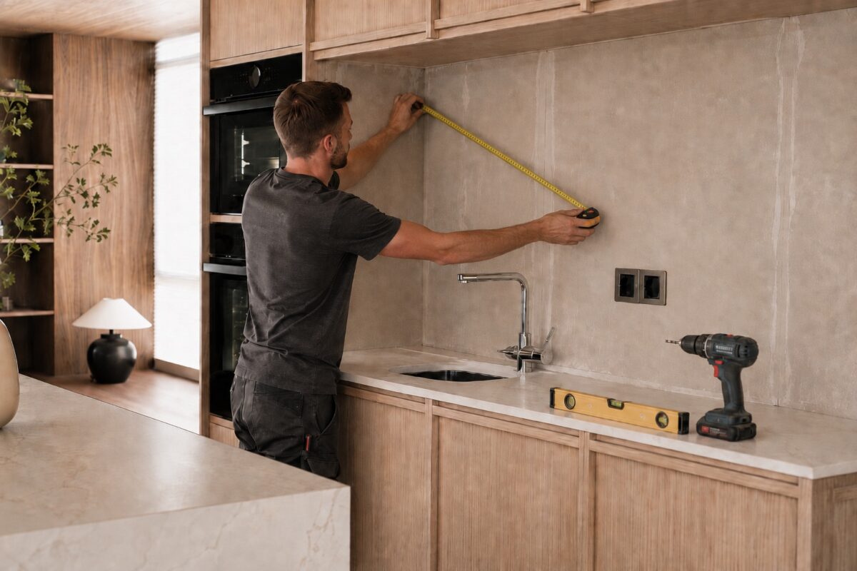 Ein Handwerker prüft eine rohe Wand in einer modernen Küche.
