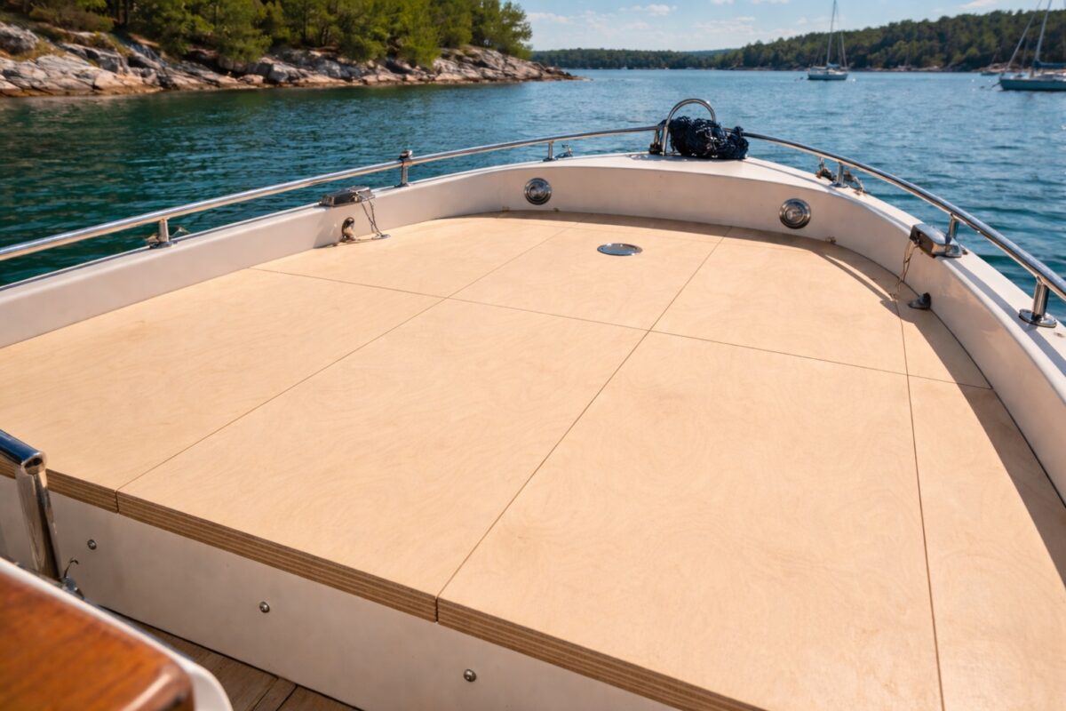 Eine Deckfläche aus Birkenmultiplex zeigt saubere Kanten und hohe Materialpräzision.