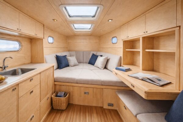 Multiplexplatten dienen als leichte Wandverkleidung im Innenraum einer Kajüte.