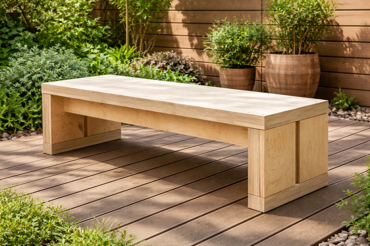 Eine Sitzbank nutzt Multiplexplatten als stabile Konstruktion im Außenbereich.