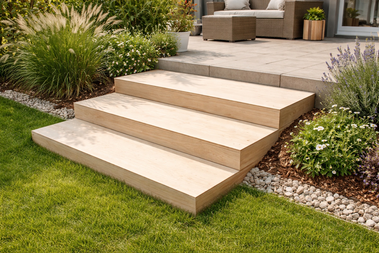 Multiplexplatten werden als stabile Stufen im Garten eingesetzt.