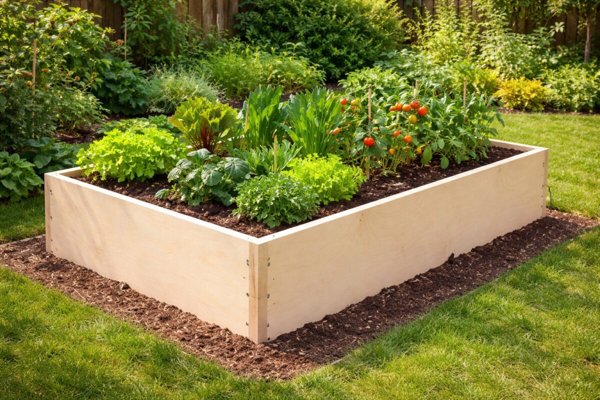 Multiplexplatten bilden die Seitenwände eines funktionalen Hochbeets im Garten.