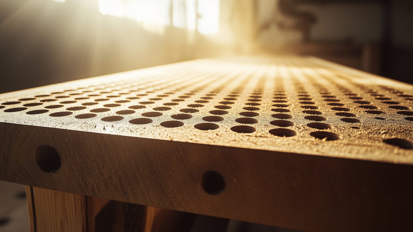 Seitenaufnahme eines MFT-Tisches mit einfallendem Sonnenlicht und stark betonter Lochraster-Geometrie.