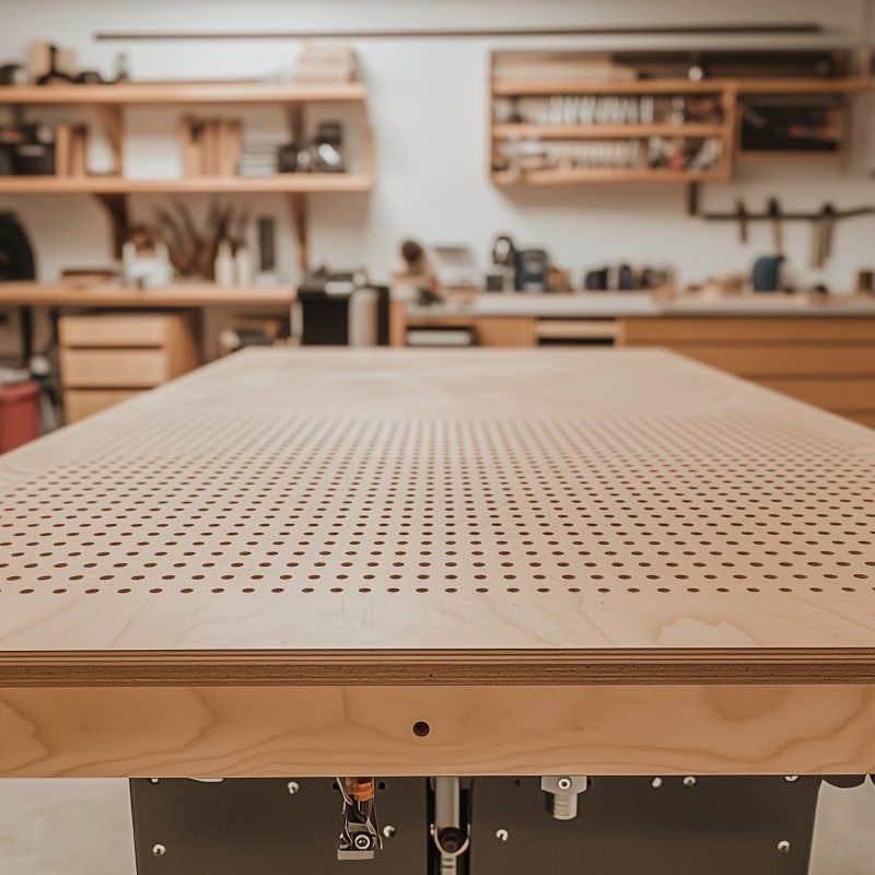 Saubere Draufsicht auf eine MFT-Lochplatte in heller Werkstatt, mit exakt gefrästen 20mm-Bohrungen