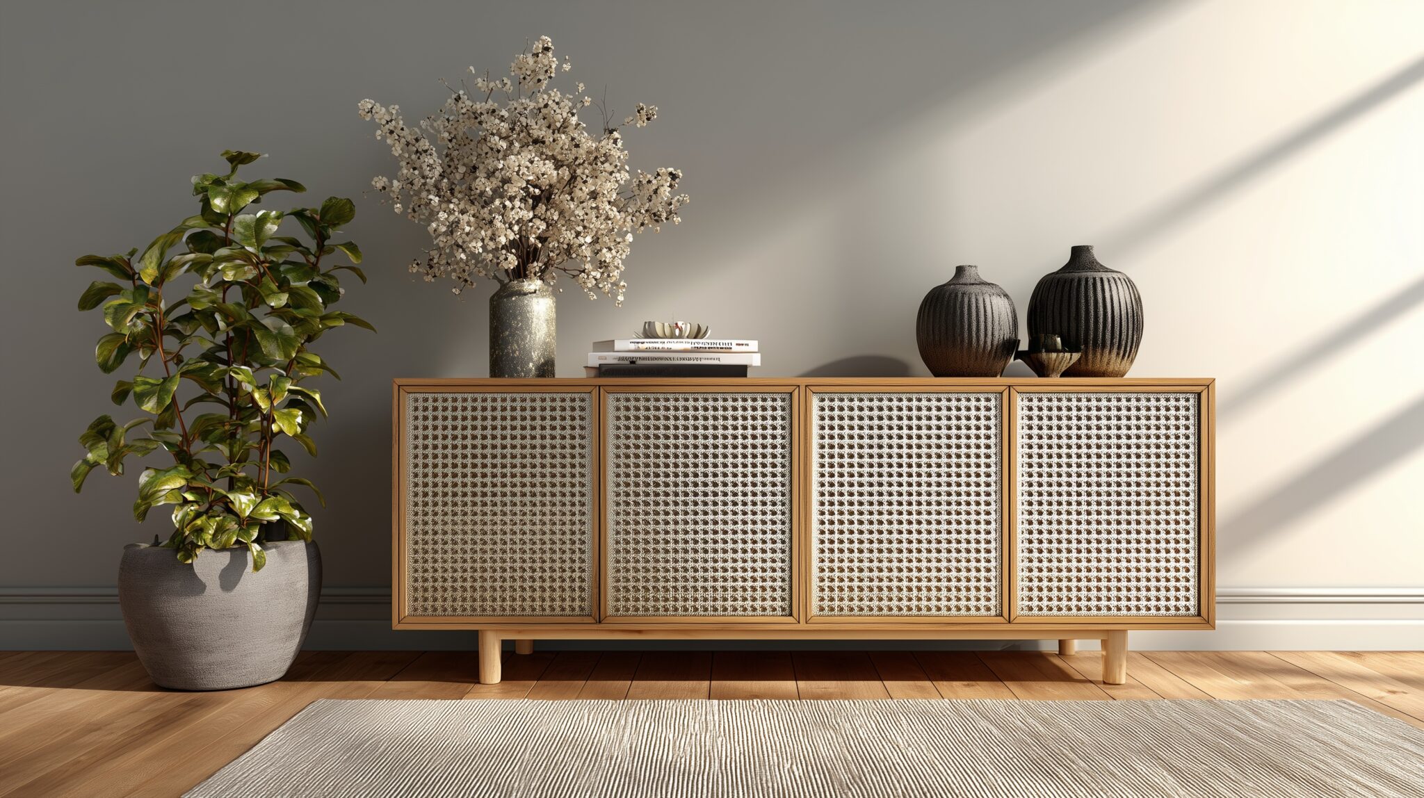 Modernes Sideboard mit Weaved-Dekorblech-Fronten im Wohnzimmer.