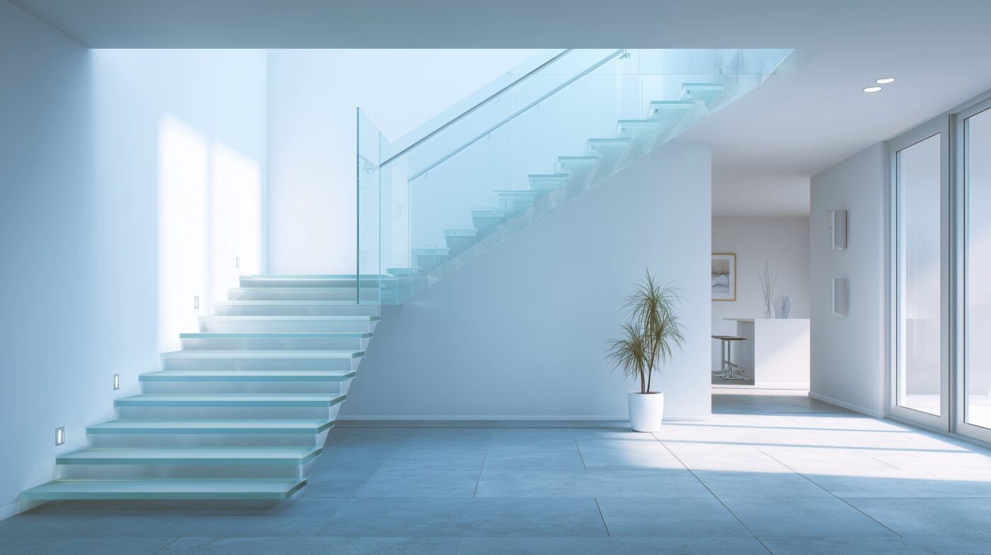 Moderne Treppe mit Stufen aus ESG-Weißglas, nachhaltig gefertigt.