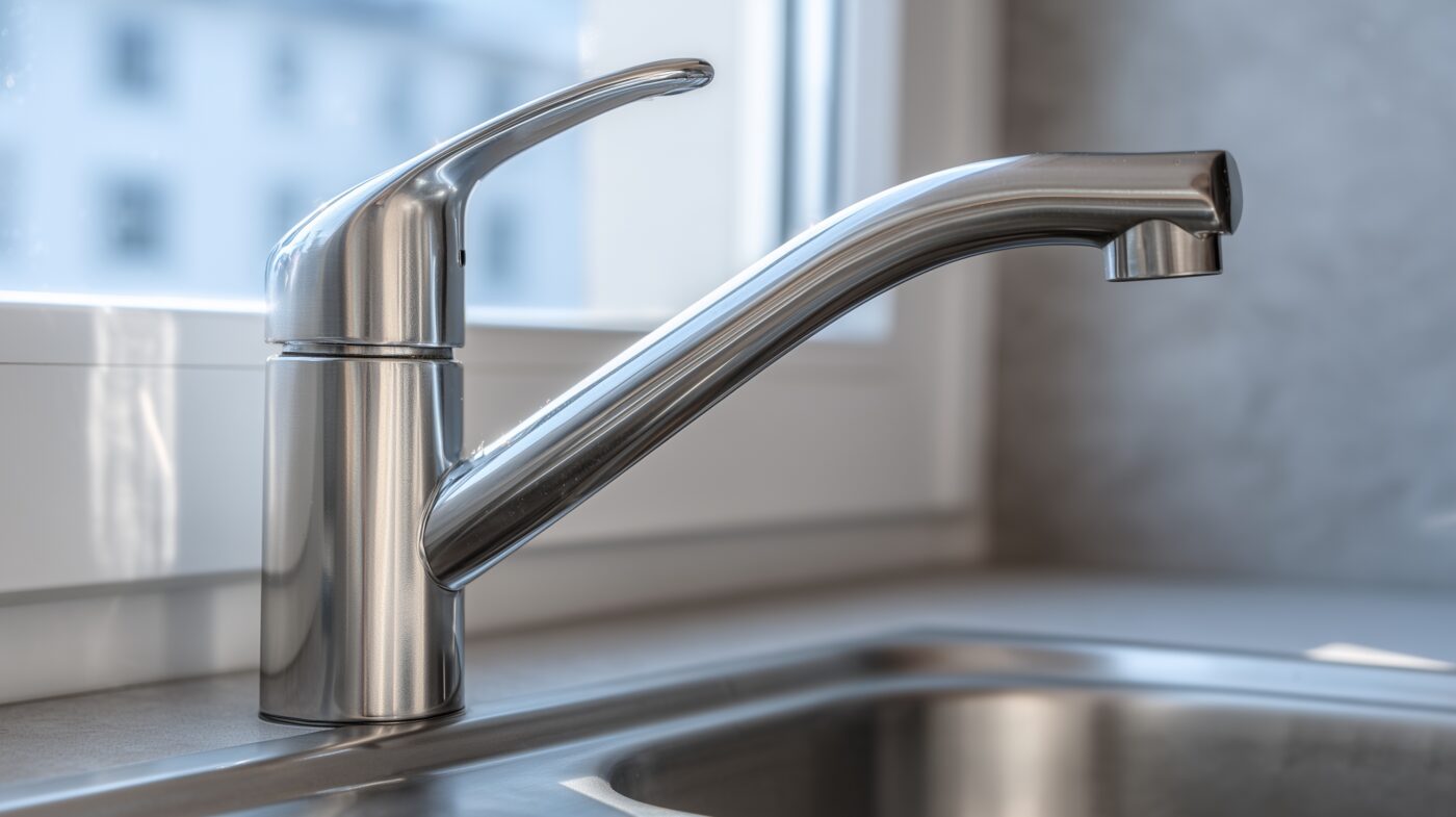 Moderne Edelstahl-Küchenarmatur mit Nickel-Chrom-Oberfläche.