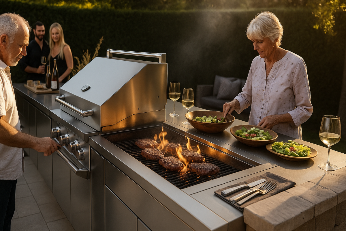 Edelstahl Outdoor Küche im Sonnenuntergang