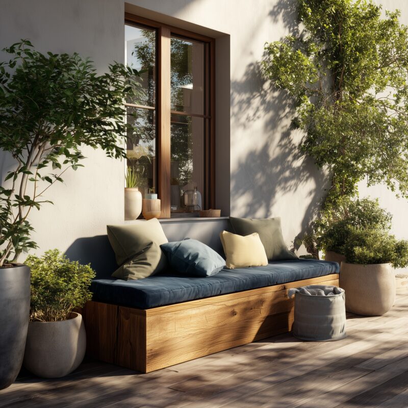 Sitzbank aus Wildeiche-Bohle stehend auf der Terrasse.