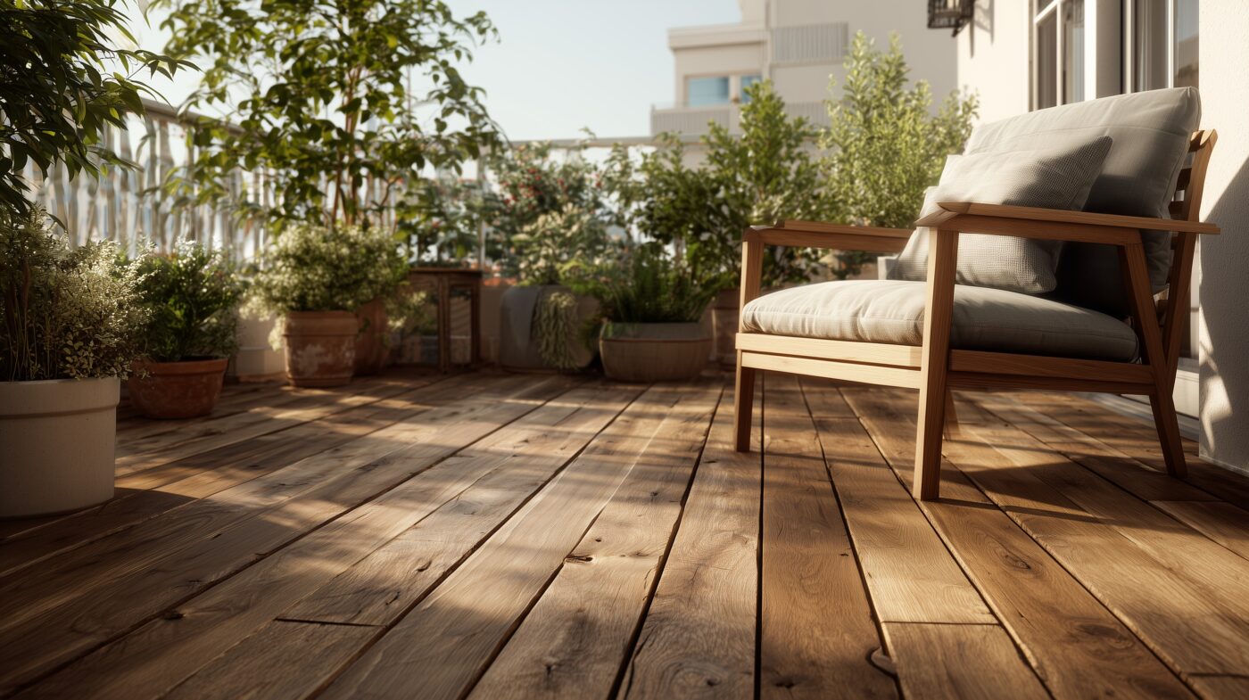 Terrasse mit Boden aus massiven Wildeiche-Bohlen, natur geölt.