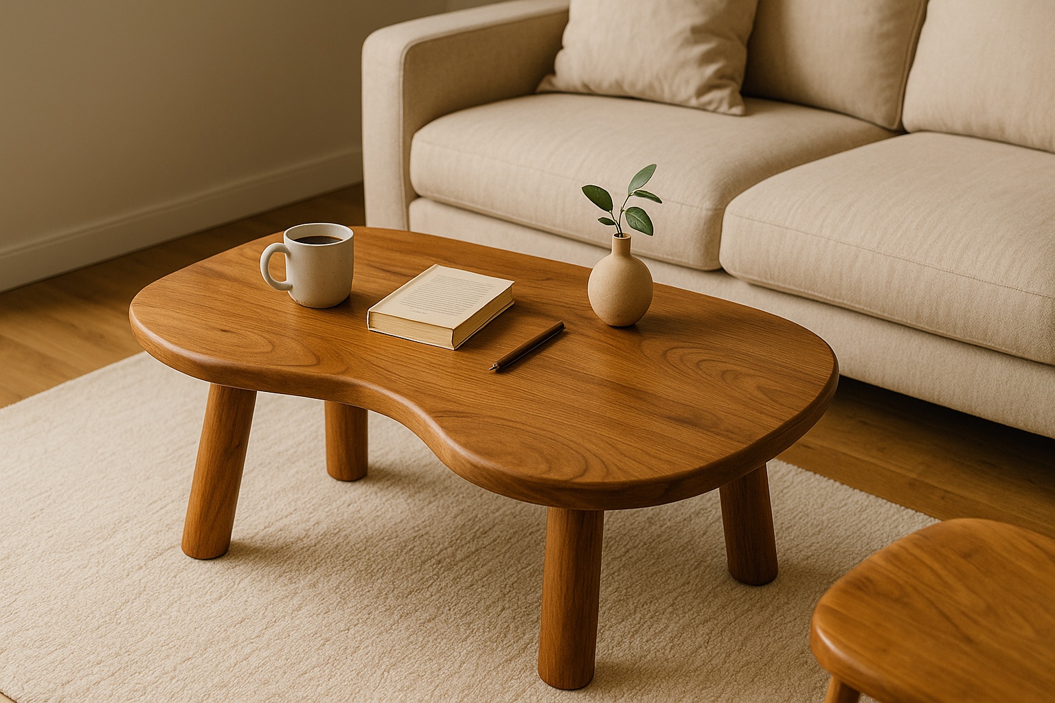 Holztisch im Wohnzimmer mit Tasse, Buch und Vase.
