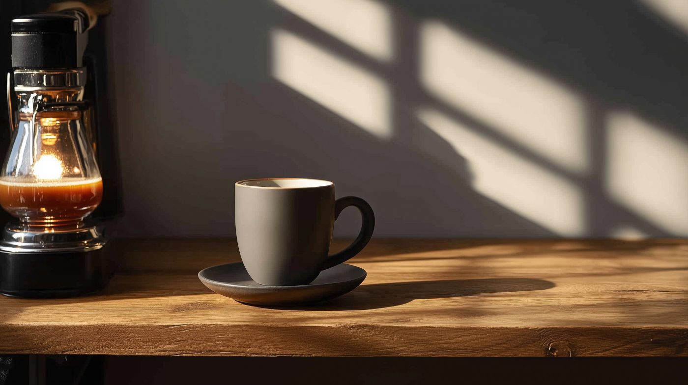 Helle Tischplatte aus Furnier mit Kaffeetasse