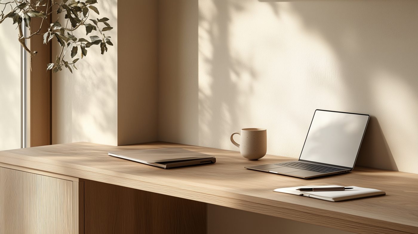 Furnierschreibtisch mit Laptop, Notizbuch und warmem Tageslicht – wohnlich und aufgeräumt
