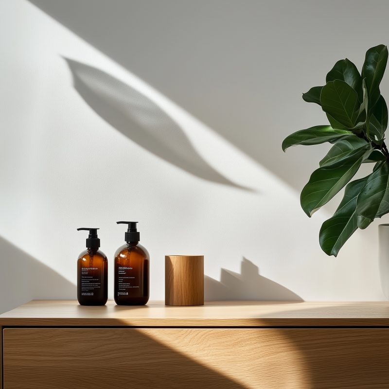 Umweltfreundliche Pflegeprodukte auf einem furnierten Sideboard