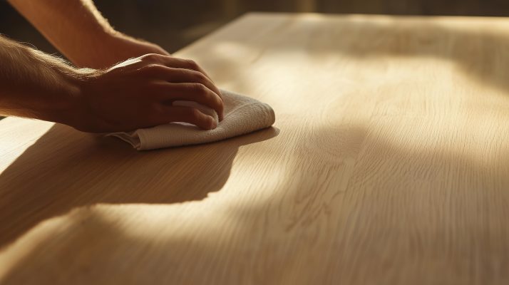 Sanfte Reinigung einer furnierten Fläche mit einem weichen Tuch