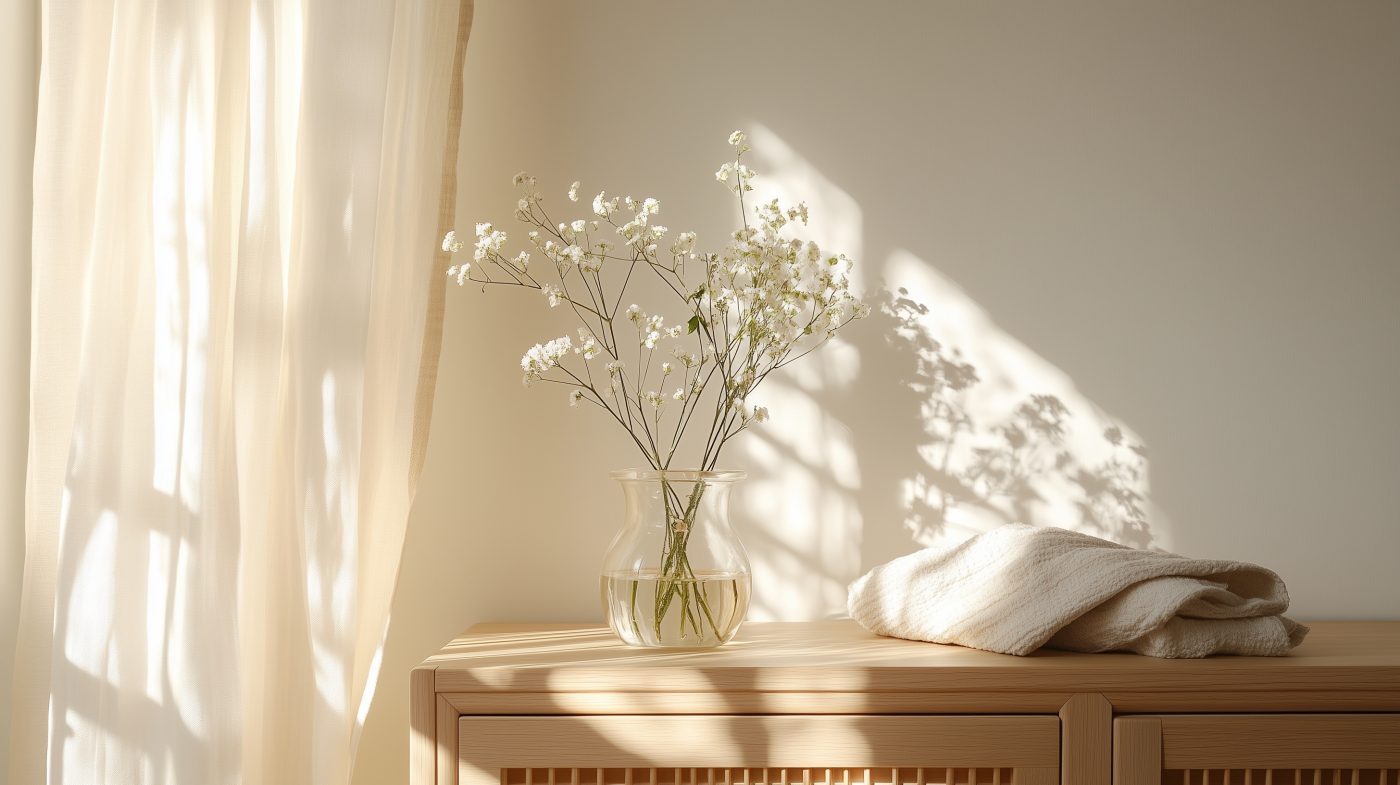Schlicht dekoriertes Sideboard mit Furnieroberfläche und frischer Vase – warm und natürlich