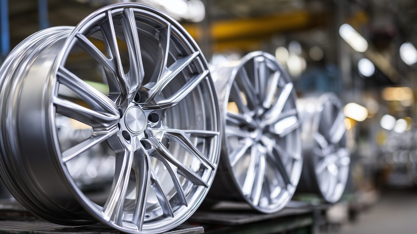 Pulverbeschichtete Autofelgen in Silber-Metallic im Werkstattbereich.