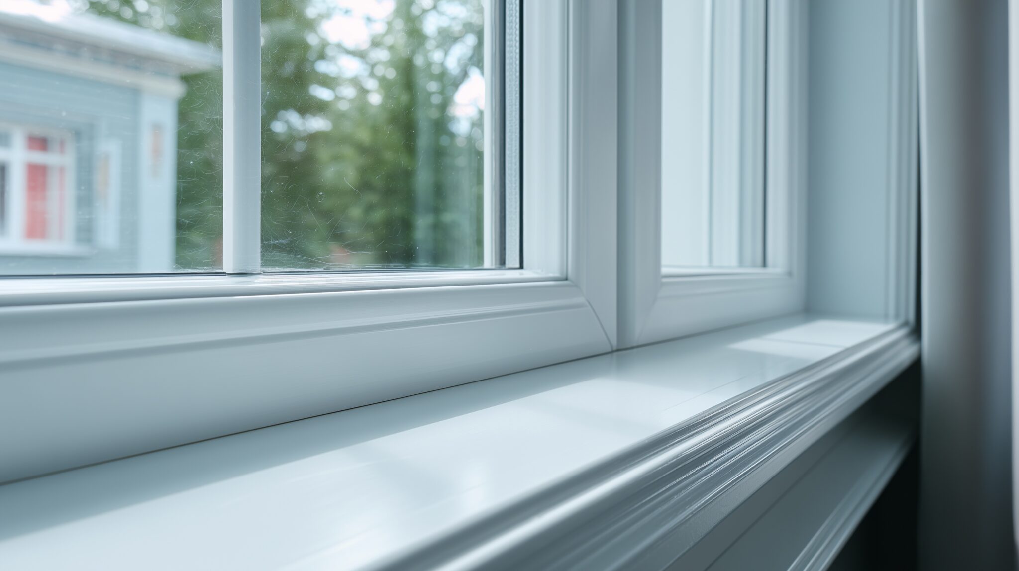 Pulverbeschichteter Aluminiumfensterrahmen in Weiß am Gebäude.