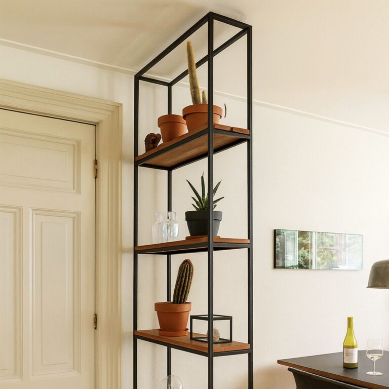 Modernes Regal aus quadratischen Aluminium-Rohren und Holzplatten.