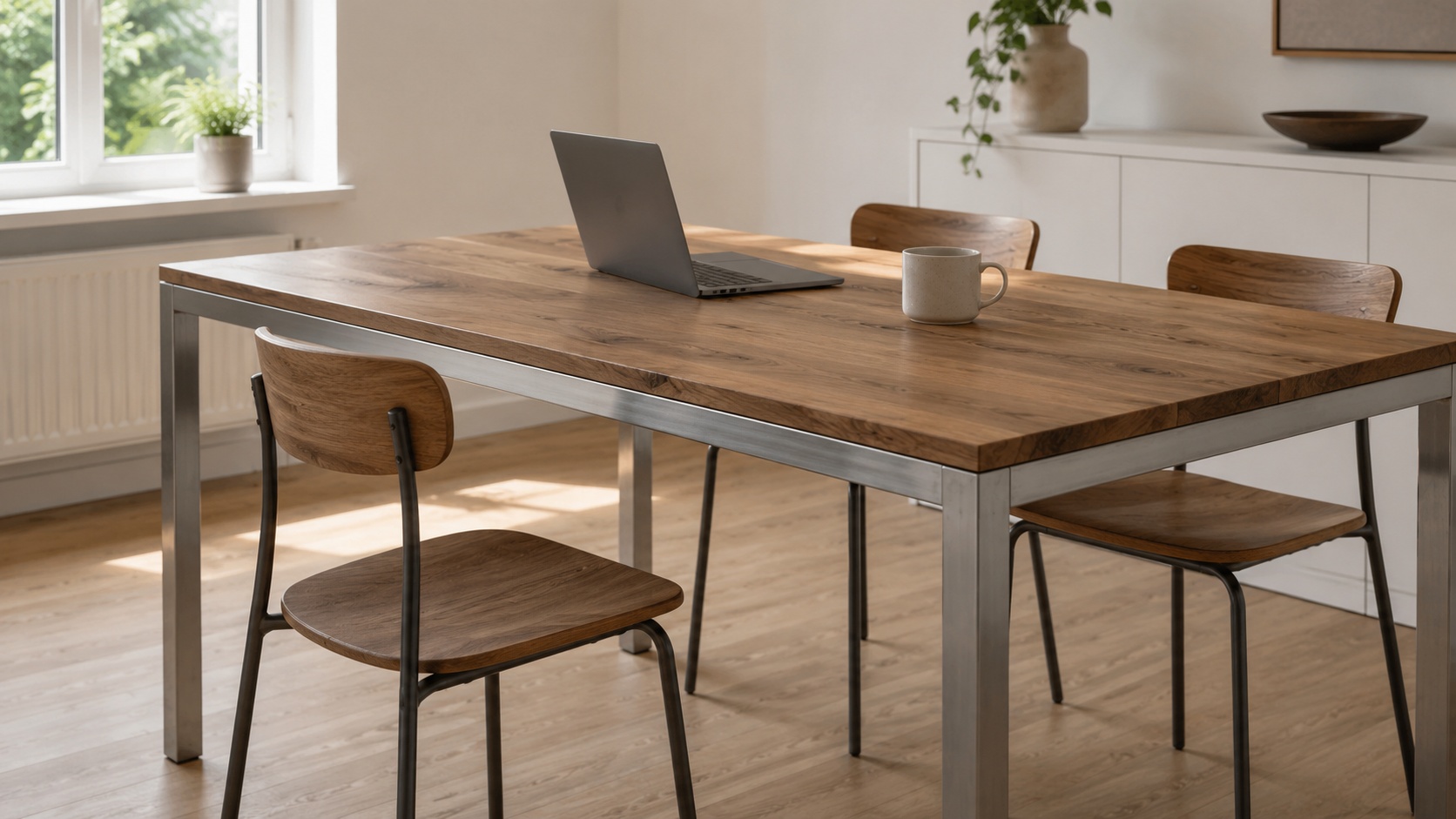 Ein Tisch mit Aluminiumgestell bietet Platz für Laptop und Tasse, während Stühle darum angeordnet sind.
