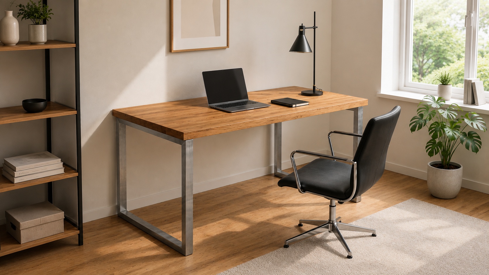 Ein Homeoffice-Tisch aus Aluminiumrahmen trägt ein Notebook und Notizbuch, daneben steht ein Stuhl.