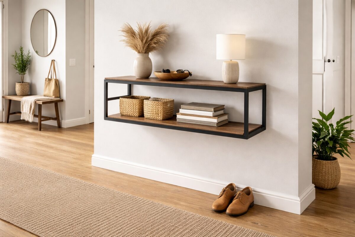 Flur mit schlankem Wandregal aus Stahl-Quadratrohr.