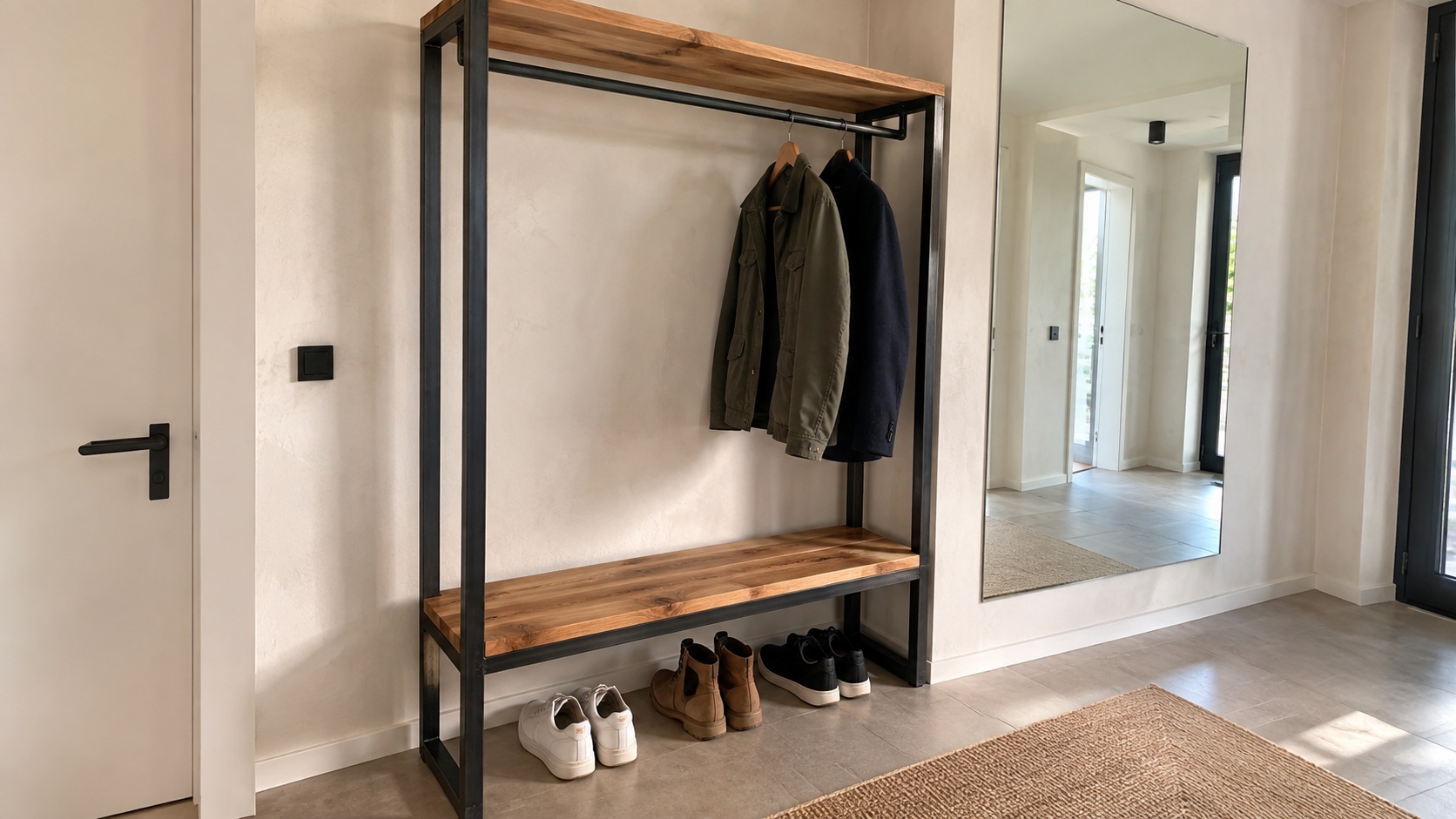Eine Garderobe aus schwarzem Stahl-Quadratrohr und Holz mit Jacken und Schuhen steht neben einem großen Wandspiegel.